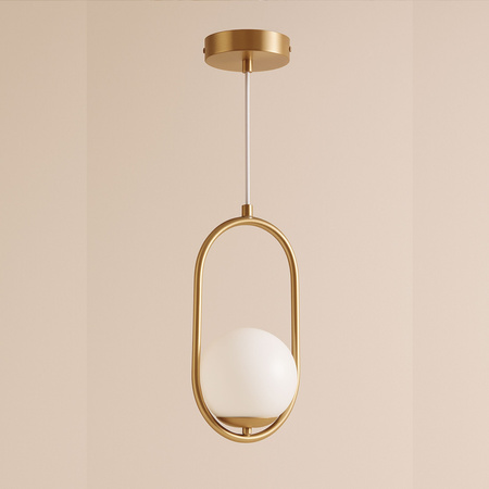 Lampa sufitowa złota metalowa z mlecznym kloszem ozdobna szklana kula E27 w owalnej ramie