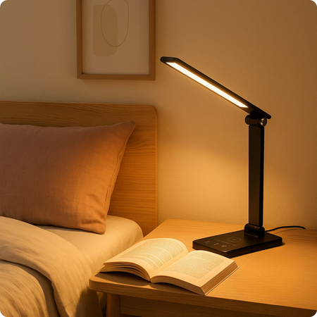 Lampka biurkowa LED czarna 6W z ładowarką indukcyjną i portem USB