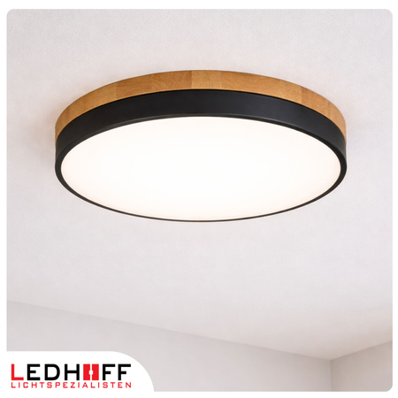 Lampa sufitowa LED Plafon 40cm z drewnem CZARNA Okrągła 40W naturalna 4000K