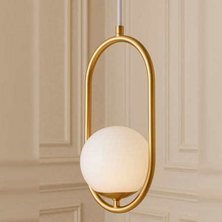 Lampa sufitowa złota metalowa z mlecznym kloszem ozdobna szklana kula E27 w owalnej ramie