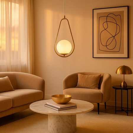 Lampa sufitowa złota metalowa z mlecznym kloszem ozdobna szklana kula E27 rama kropla