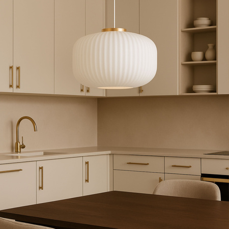 Lampa wisząca szklana E27 biała złota GLAMOUR szkło ryflowane