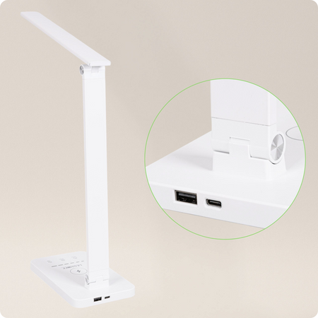 Lampka biurkowa LED biała 6W z ładowarką indukcyjną i portem USB