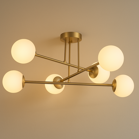 Lampa sufitowa złota metalowa z 6 mlecznymi kloszami ozdobna E27