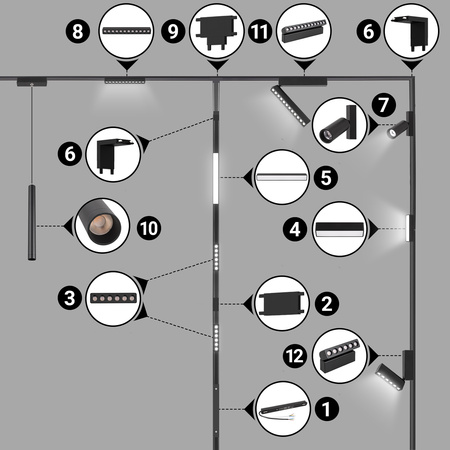 Oświetlenie szynowe magnetyczne ZESTAW 2x listwa 1m + 5x lampa wisząca TUBA LED czarna