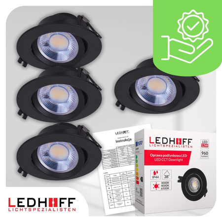 4x Oprawa sufitowa podtynkowa LED czarna RUCHOMA 3 barwy światła 12W