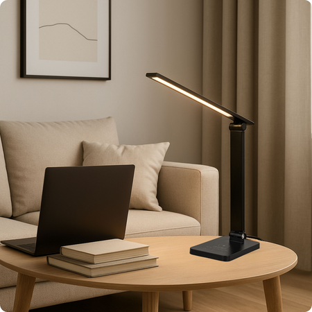 Lampka biurkowa LED czarna 6W z ładowarką indukcyjną i portem USB