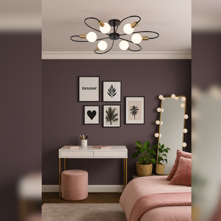 Lampa sufitowa czarno-złota metalowa E27 ozdobna 6-punktowa nowoczesna Fiora