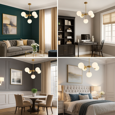 Lampa sufitowa złota metalowa z 5 mlecznymi kloszami ozdobna E27