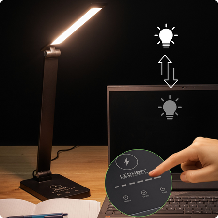Lampka biurkowa LED czarna 6W z ładowarką indukcyjną i portem USB