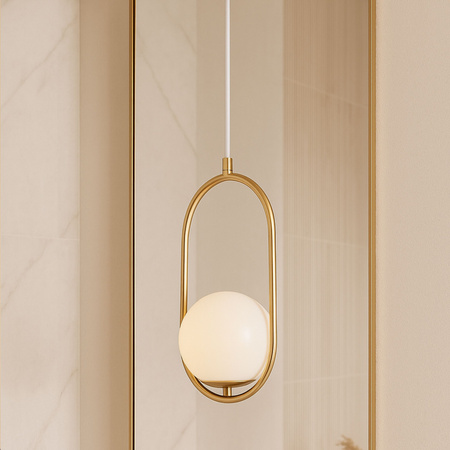 Lampa sufitowa złota metalowa z mlecznym kloszem ozdobna szklana kula E27 w owalnej ramie