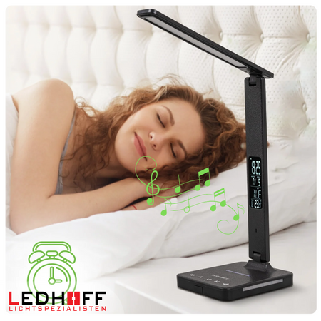 Lampka biurkowa LED czarna 8W + budzik kalendarz ekran LCD + ładowarka indukcyjna