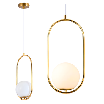 Lampa sufitowa złota metalowa z mlecznym kloszem ozdobna szklana kula E27 w owalnej ramie