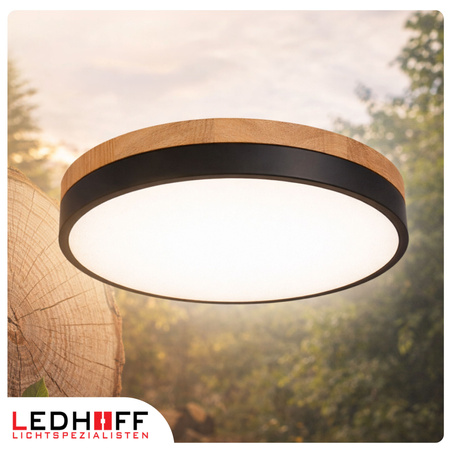 Lampa sufitowa LED Plafon 40cm z drewnem CZARNA Okrągła 40W naturalna 4000K