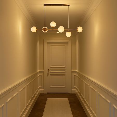 Lampa sufitowa złota metalowa z 6 mlecznymi kloszami ozdobna E27 listwa