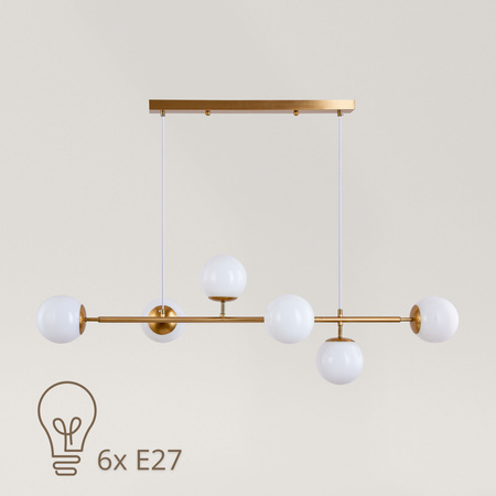 Lampa sufitowa złota metalowa z 6 mlecznymi kloszami ozdobna E27 listwa