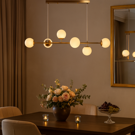 Lampa sufitowa złota metalowa z 6 mlecznymi kloszami ozdobna E27 listwa