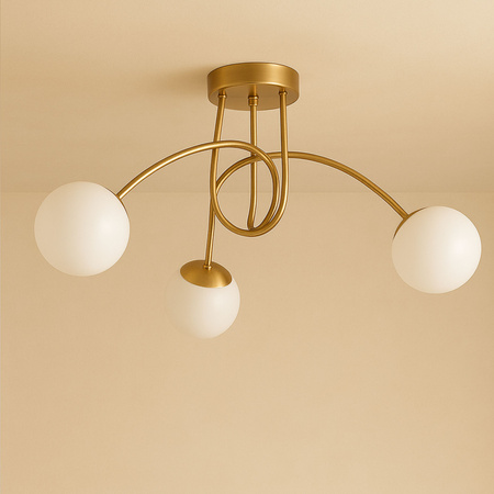 Lampa sufitowa złota metalowa z 3 mlecznymi kloszami ozdobna E27 design