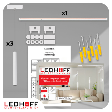 Oświetlenie szynowe magnetyczne ZESTAW listwa 1m + 3x lampa wisząca TUBA LED biała