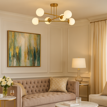 Lampa sufitowa złota metalowa z 6 mlecznymi kloszami ozdobna E27