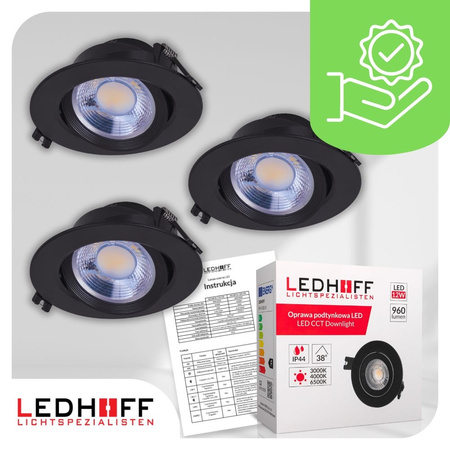 3x Oprawa sufitowa podtynkowa LED czarna RUCHOMA 3 barwy światła 12W