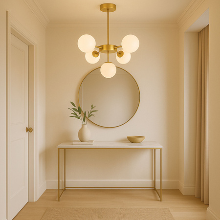 Lampa sufitowa złota metalowa z 5 mlecznymi kloszami ozdobna E27