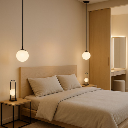 Lampa sufitowa czarna metalowa z mlecznym kloszem ozdobna szklana kula E27