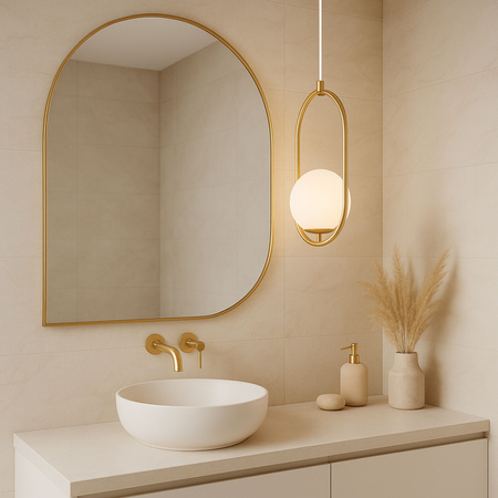 Lampa sufitowa złota metalowa z mlecznym kloszem ozdobna szklana kula E27 w owalnej ramie