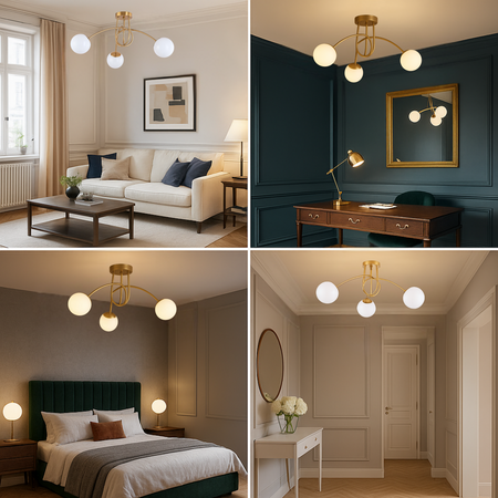 Lampa sufitowa złota metalowa z 3 mlecznymi kloszami ozdobna E27 design