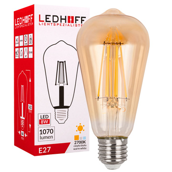Żarówka LED E27 filamentowa ozdobna 8W mocne ciepłe światło 1070lm 2700K