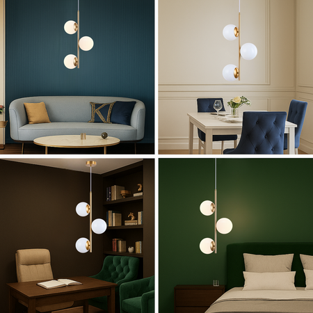 Lampa sufitowa złota metalowa z 3 mlecznymi kloszami ozdobna E27 pionowa