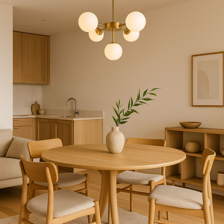 Lampa sufitowa złota metalowa z 5 mlecznymi kloszami ozdobna E27