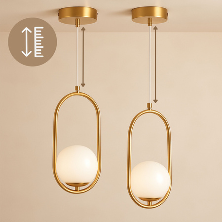 Lampa sufitowa złota metalowa z mlecznym kloszem ozdobna szklana kula E27 w owalnej ramie