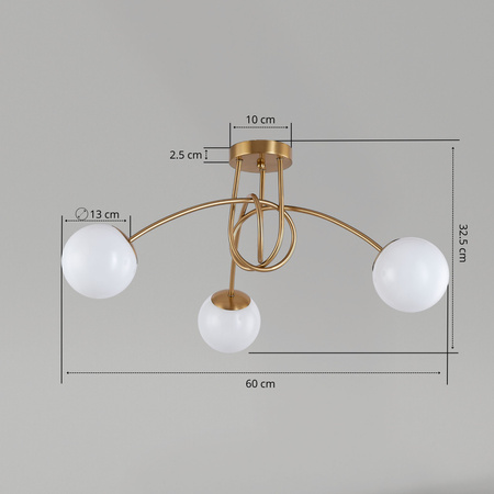 Lampa sufitowa złota metalowa z 3 mlecznymi kloszami ozdobna E27 design