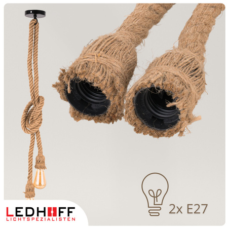 Lampa sufitowa wisząca podwójna Sznur konopny jutowy 2x 1,2m Lina E27 Boho
