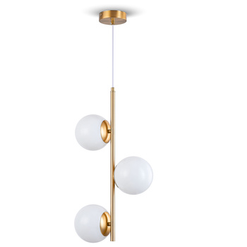 Lampa sufitowa złota metalowa z 3 mlecznymi kloszami ozdobna E27 pionowa