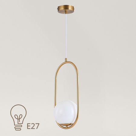 Lampa sufitowa złota metalowa z mlecznym kloszem ozdobna szklana kula E27 w owalnej ramie