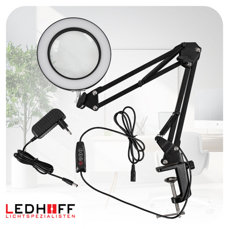 Lampa biurkowa LED czarna 12W z lupą szkłem powiększającym