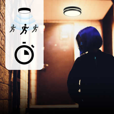 Plafon sufitowy LED okrągły czarny 3 barwy światła zmienna moc 22cm IP54 z czujnikiem ruchu