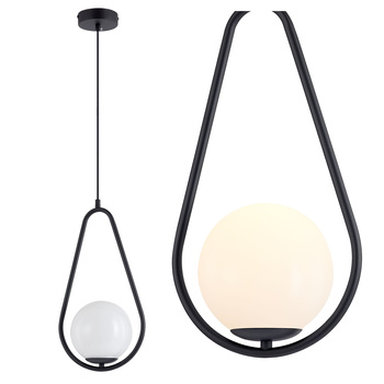 Lampa sufitowa czarna metalowa z mlecznym kloszem ozdobna szklana kula E27 rama kropla