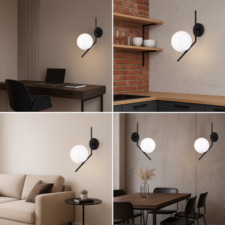 Lampa ścienna czarna metalowa z mlecznym kloszem ozdobna szklana kula E27 kinkiet design