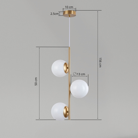Lampa sufitowa złota metalowa z 3 mlecznymi kloszami ozdobna E27 pionowa