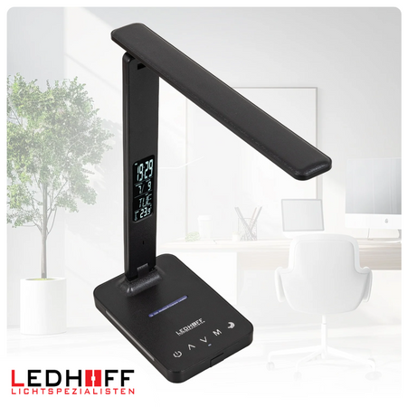 Lampka biurkowa LED czarna 8W + budzik kalendarz ekran LCD + ładowarka indukcyjna