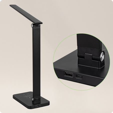 Lampka biurkowa LED czarna 6W z ładowarką indukcyjną i portem USB