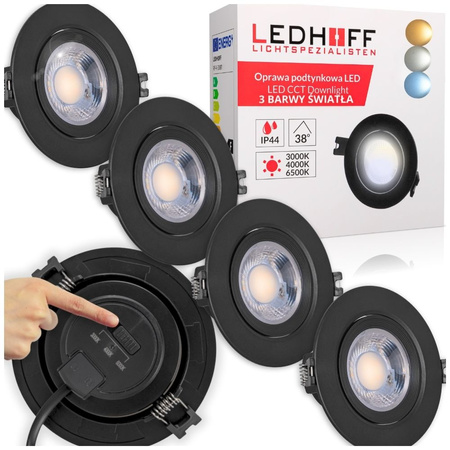 4x Oprawa sufitowa podtynkowa LED czarna RUCHOMA 3 barwy światła 7W