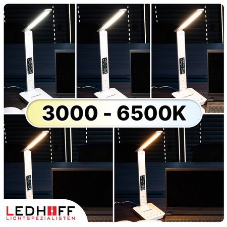 Lampka biurkowa LED biała 8W + budzik kalendarz ekran LCD + ładowarka indukcyjna
