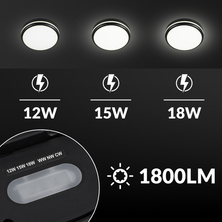 Plafon sufitowy LED okrągły czarny 3 barwy światła zmienna moc 22cm IP54 z czujnikiem ruchu