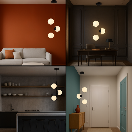 Lampa sufitowa czarna metalowa z 3 mlecznymi kloszami ozdobna E27 pionowa