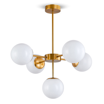 Lampa sufitowa złota metalowa z 5 mlecznymi kloszami ozdobna E27