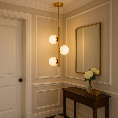 Lampa sufitowa złota metalowa z 3 mlecznymi kloszami ozdobna E27 pionowa